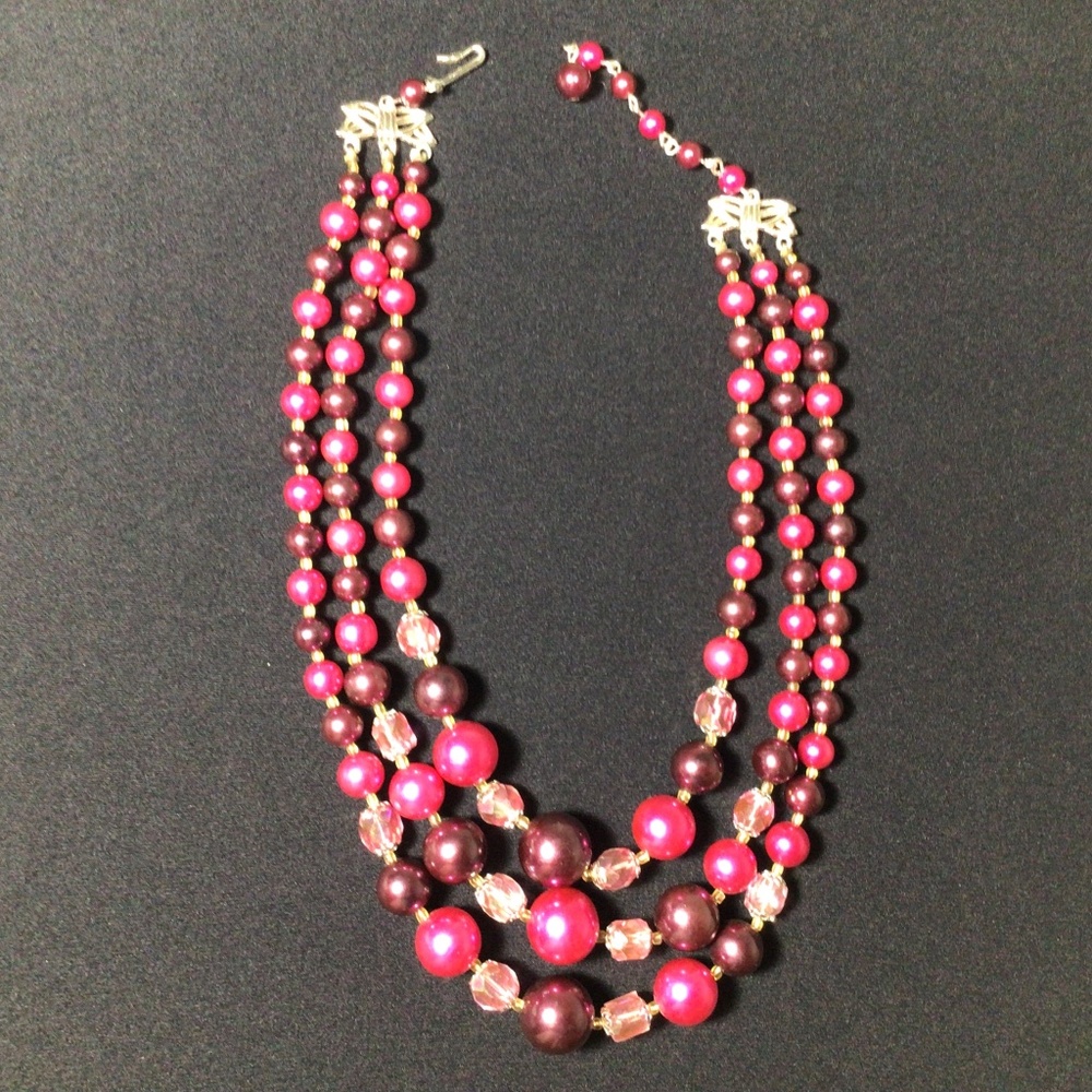 Three Strands Pink, Purple and Iridescent Faceted Glass Beads 60s Japan